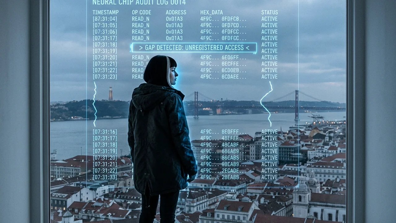 Vista desde el interior de la sala de auditoría: Valentina de pie frente al ventanal, los ojos en movimiento, Lisboa al fondo con el Tajo y los vehículos silenciosos. Superpuesto sobre la ciudad, apenas visible, el log azul de Brecht.