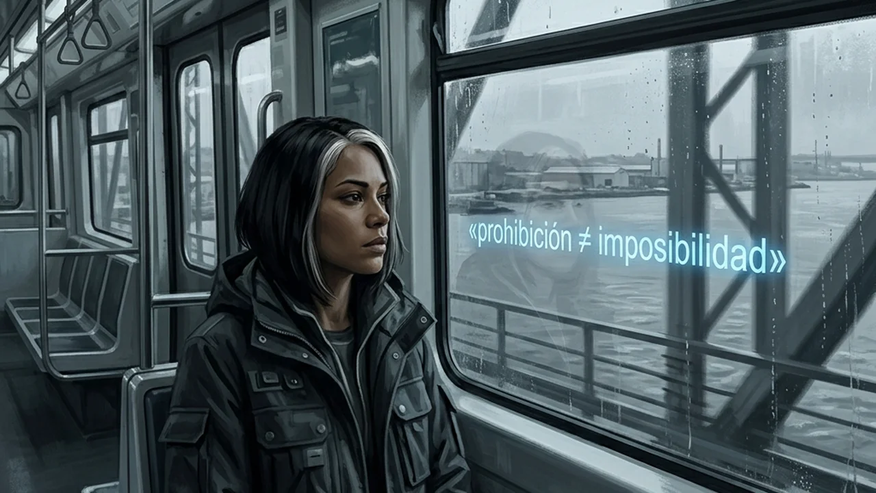 Interior del vagón de metro sobre el puente del Tajo. Valentina mirando la ventana, el río gris abajo, la ciudad al fondo. En su campo visual superpuesto, invisible para cualquier otro pasajero, una nota azul parpadeando: «prohibición ≠ imposibilidad».